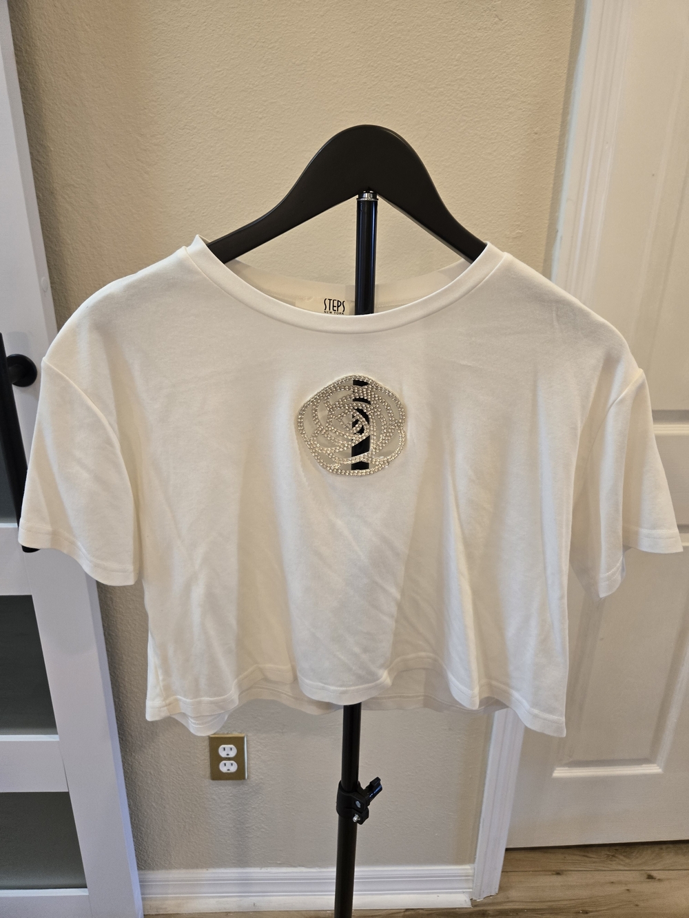 White Cropped Tee with Embellished Logo
